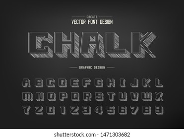 Pencil sketch shadow bold Font and alphabet vector, Chalk square typeface letter and number design, Hand drawn graphic text on blackboard background