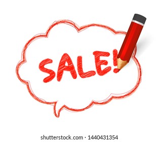 Pencil sketch of speech bubble. Hand drawn doodles with crayon and written short message Sale. Banner cloud shape with quote, red lines stroke and scribble. Vector comics
