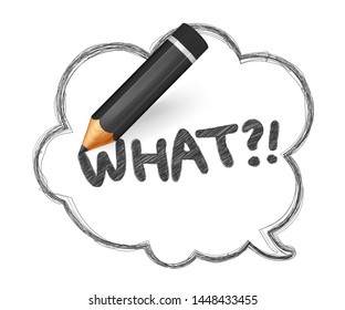 Pencil sketch of speech bubble. Hand drawn doodles with crayon and written short message What. Banner cloud shape with quote, black lines stroke and scribble. Vector comics