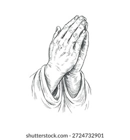 Pencil sketch style vector illustration of praying hands folded in a classic prayer gesture. Symbol of Christian faith, devotion and spirituality, isolated on a white background for religious design