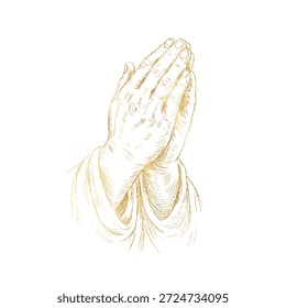 Pencil sketch style vector illustration of praying hands folded in a classic prayer gesture. Golden symbol of Christian faith, devotion and spirituality, isolated for religious design