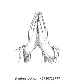 Pencil sketch style vector illustration of praying hands folded in a classic prayer gesture. Symbol of Christian faith, devotion, spirituality, isolated on white background for religious design