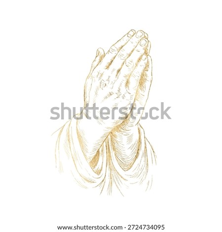Pencil sketch style vector illustration of praying hands folded in a classic prayer gesture. Golden symbol of Christian faith, devotion and spirituality, isolated for religious design