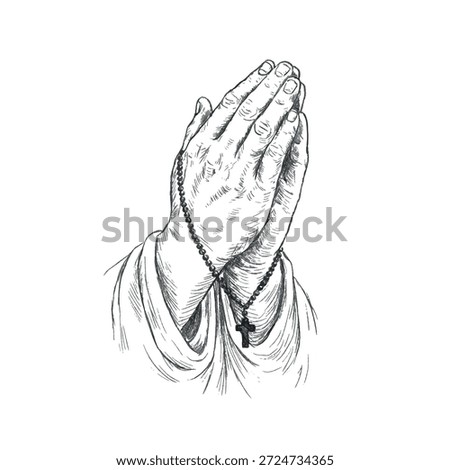 Pencil sketch style vector illustration of praying hands folded in a classic prayer gesture. Symbol of Christian faith, devotion and spirituality, isolated on a white background for religious design