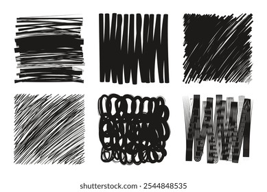 Pencil sketch texture. Black hatching. Hand drawn grunge graphic. Diagonal or parallel hatch. Square rough freehand shapes. Marker shading. Charcoal or graphite scribble pattern. Vector doodle set