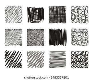 Pencil sketch texture collection. Hand drawn cross line pen hatching, doodle chalk sketchy clip art, freehand scribble line texture. Vector grunge rough scrawl