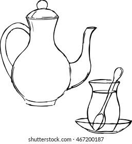 pencil sketch of turkish tea coffee pot and glass with spoon illustration