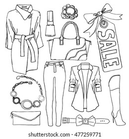 Pencil sketch. Vector illustration isolated on white background. Freehand sketch style drawing. Doodle set fashion. Glamorous things for woman. Season fall winter.