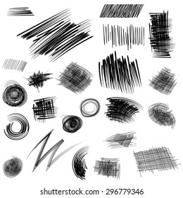 Pencil sketches. Hand drawn scribble shapes A set of doodle line drawings. Vector design elements