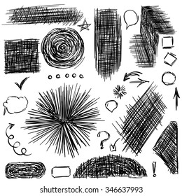 Pencil sketches. Hand drawn scribble shapes A set of doodle line drawings. Vector design elements in black and white shades