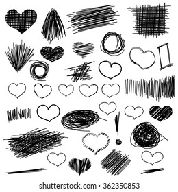 Pencil sketches. Hand drawn scribble shapes and heart. A set of doodle line drawings. Vector design elements