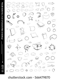 Pencil sketches. Hand drawn scribble shapes. A set of doodle line drawings. Vector design elements. Hatching with a pencil