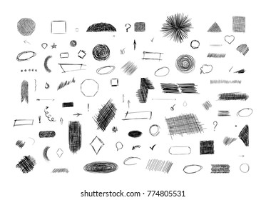 Pencil sketches. Hand drawn scribble shapes. A set of doodle line drawings. Vector design elements. Hatching with a pencil