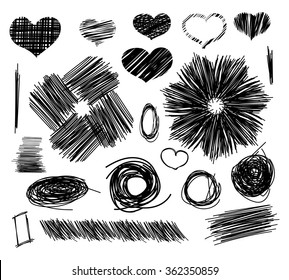 Pencil sketches for St. Valentine's Day. Hand drawn scribble shapes and heart. A set of doodle line drawings. Vector design elements