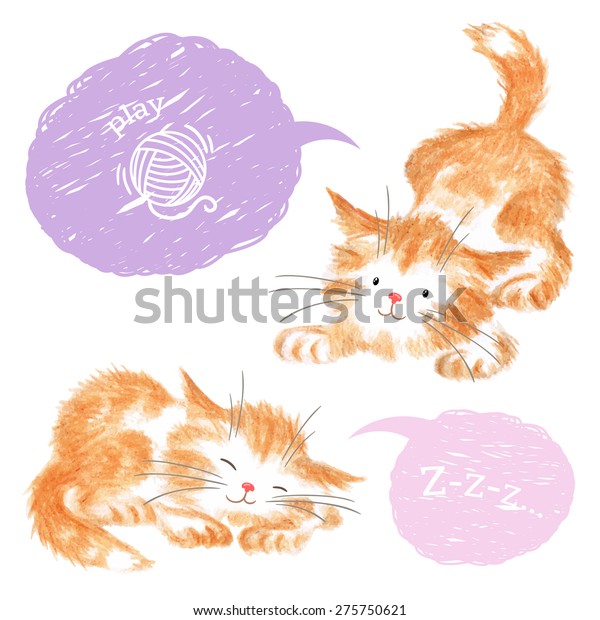 Pencil Sketches Two Cute Cats Isolated Stock Vector Royalty