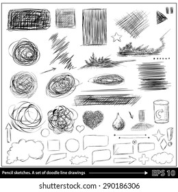 Pencil Sketches.Hand Drawn Scribble Shapes A Set Of Doodle Line Drawings. Vector Design Elements