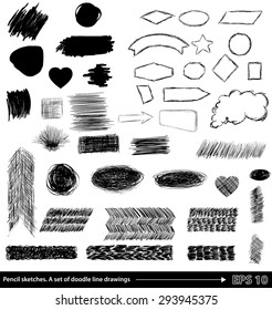 Pencil sketches.Hand drawn scribble shapes A set of doodle line drawings. Vector design elements