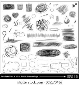 Pencil sketches.Hand drawn scribble shapes A set of doodle line drawings. Vector design elements