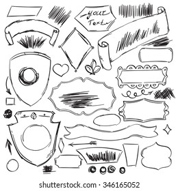 Pencil sketches.Hand drawn scribble shapes A set of doodle line drawings. Vector design elements