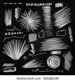 Pencil sketches.Hand drawn scribble shapes. A set of doodle line drawings. Vector design elements.  School blackboard texture with black shadow. Dark background for message