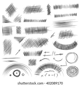 Pencil sketches.Hand drawn scribble shapes. A set of doodle line drawings. Vector design elements