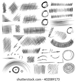 Pencil sketches.Hand drawn scribble shapes. A set of doodle line drawings. Vector design elements