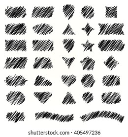 Pencil sketches.Hand drawn scribble shapes. A set of doodle line drawings. Vector design elements. Vector set shapes and black label for message. Collection emblems and geometry frame for text.