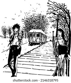 Pencil Sketching Drawing Lovely Couple Met At Train Station (Anime) 