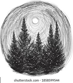 Pencil sketchspruce forest at full moon beautiful winter landscape Christmas trees gloomy forest sad winter snowy beautiful postcard  Emotional style Linear shading Expression hand drawn