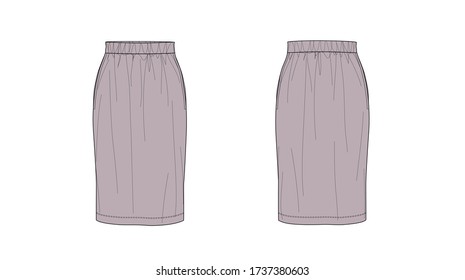 Pencil skirt with elastic waist and side seam pockets, flat sketch, front and back views