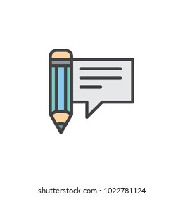 Pencil and speech bubble filled outline icon, line vector sign, linear colorful pictogram isolated on white. Writing chat symbol, logo illustration. Pixel perfect vector graphics
