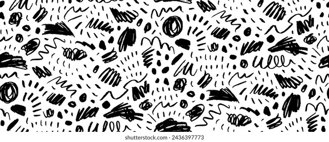 Pencil garabatos y garabatos diseño de banner sin fisuras. Dibujado a mano garabato estilo infantil líneas de lápiz. Patrón sin fisuras de textura de carbón o crayón. Fondo de pantalla de arañazo de garabato abstracto con puntos ásperos.