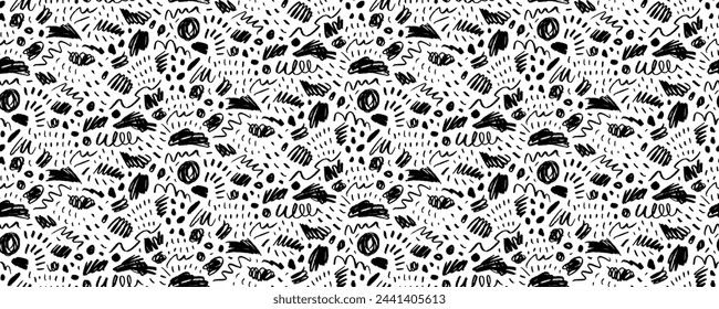 Pencil squiggles and scribbles seamless banner design. Hand drawn doodle childish style pencil lines. Charcoal or crayon texture seamless pattern. Abstract scribble scratch wallpaper with rough dots.