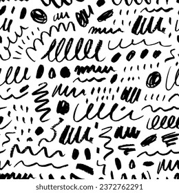 Pencil squiggles seamless pattern. Childish style charcoal swirls, spirals, dots and various doodle lines. Scribble brush strokes vector background. Hand drawn rough pencil confetti.