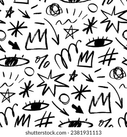 Pencil squiggles seamless pattern with doodle shapes. Scribble brush strokes vector background. Hand drawn charcoal stars, crowns, eyes, curved lines and various emphasis elements. Childish background