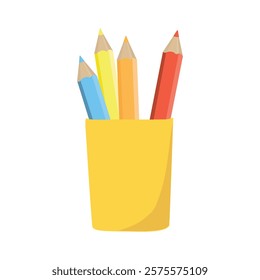 Pencil stand cup, holder with colored pencils isolated on white background. Cartoon style vector icon. Container tools