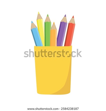 Pencil stand cup, holder with colored pencils isolated on white background. Cartoon style vector icon