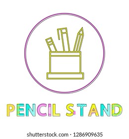 Pencil stand icon in circle made of cup container and pens. Tools for writing and drawing with ink. Office and school supplies isolated on vector