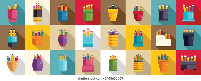 Pencil stand icons set flat vector. School art holder. Creative work cup