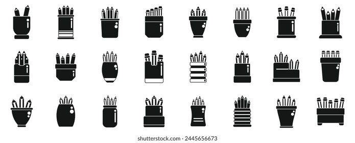 Pencil stand icons set simple vector. School art holder. Creative work cup