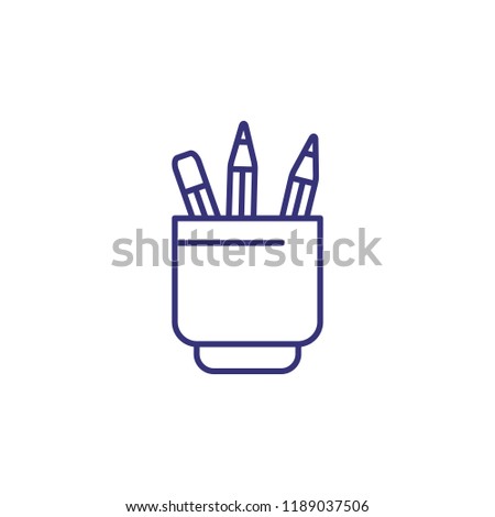 Pencil stand line icon. Mug, pen, eraser. Office supply concept. Can be used for topics like stationary, desktop, workplace