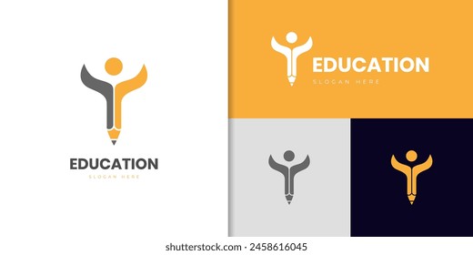 Pencil stand logo icon design with happy people symbol for education, learning vector school logo elements