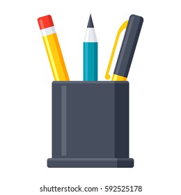 Pencil stand with pen and pencils, vector icon in flat style