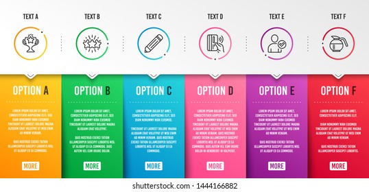 Pencil, Star and Contactless payment icons simple set. Identity confirmed, Victory and Coffeepot signs. Edit data, Customer feedback. Business set. Infographic template. 6 steps timeline. Vector