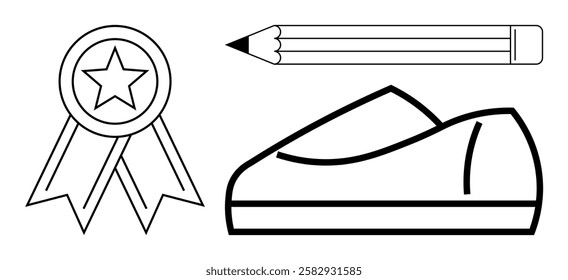 Pencil, star medal, and sneaker drawn in black and white. Ideal for education, achievement, sports, creativity, inspiration, motivation, and fitness themes. Line metaphor