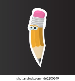 Pencil sticker on a black background. A cute pencil with eyes. Illustration Vector