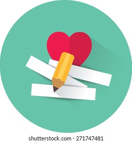 Pencil and strips of paper for message for beloved . Vector illustration.