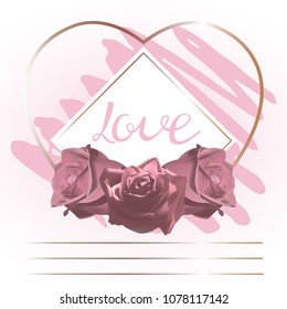 a pencil stroke and a diamond-shaped and heart shape golden frame with pink roses 