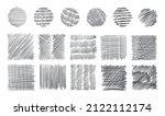 Pencil stroke pattern. Pen doodle scrawl. Hand drawn sketch texture with pen lines. Cross or parallel hatch. Black and white backgrounds. Vector square and round hatching shapes set