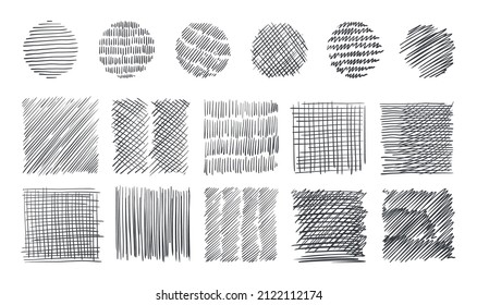 Pencil stroke pattern  Pen doodle scrawl  Hand drawn sketch texture and pen lines  Cross parallel hatch  Black   white backgrounds  Vector square   round hatching shapes set